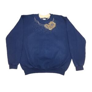 SUNBURST BY MORNING STAR BEDAZZLED SUNFLOWER NAVY BLUE GRANDMA SWEATHSHIRT